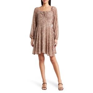 Kenedik Dress Womens Large Mocha Chambray Animal Print Smocked Woodland‎ Fairy